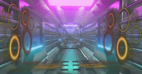 QR code scanner with neon elements against glowing tunnel Stock Illustration