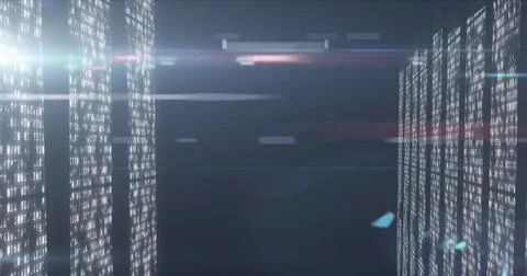 QR code scanner with neon elements against screens of data processing Stock Illustration