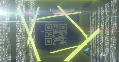 QR code scanner with neon elements against screens of data processing Stock Illustration