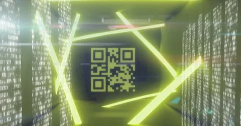 QR code scanner with neon elements against screens of data processing Stock Illustration