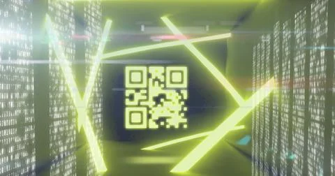 QR code scanner with neon elements against screens of data processing Stock Illustration