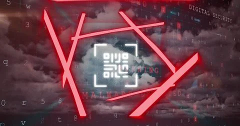 QR code scanner with neon elements against cyber security data processing Stock Photos