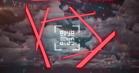 QR code scanner with neon elements against cyber security data processing Stock Photos