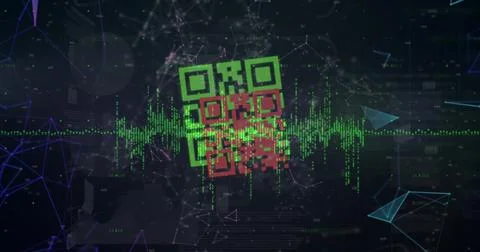 Qr code scanner, network of connections and data processing against black イラスト素材