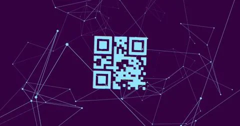 QR code scanner over network of connections against blue background Illustrazione stock
