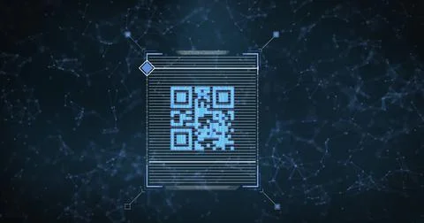 QR code scanner over network of connections against blue background イラスト素材