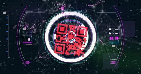 Qr code scanner over network of connections against digital interface on black Stock Illustration