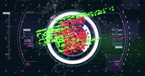 Qr code scanner over network of connections against digital interface on black Illustrazione stock