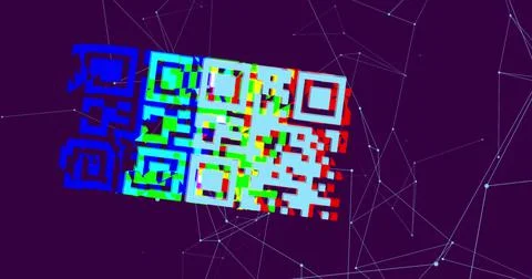 QR code scanner over network of connections against blue background イラスト素材