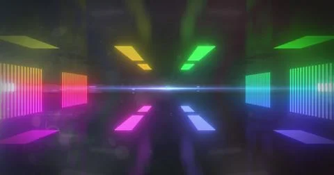 QR code scanner over thumb scanning against glowing tunnel Illustrazione stock