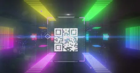 QR code scanner over thumb scanning against glowing tunnel Stock Illustration