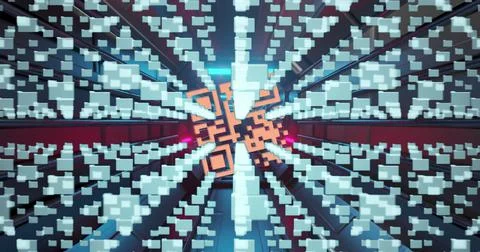 QR code scanner, security padlock and data processing against glowing tunnel Illustrazione stock