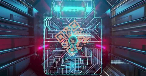 QR code scanner, security padlock and data processing against glowing tunnel 스톡 일러스트