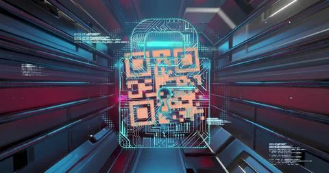 QR code scanner, security padlock and data processing against glowing tunnel Stock Illustration