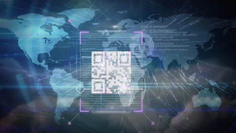 QR code scanning animation over digital world map with data lines Stock Footage 304853875