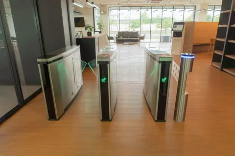 QR code scanning autometic gate. Flap barrier. Security entrance community or Stock Photos