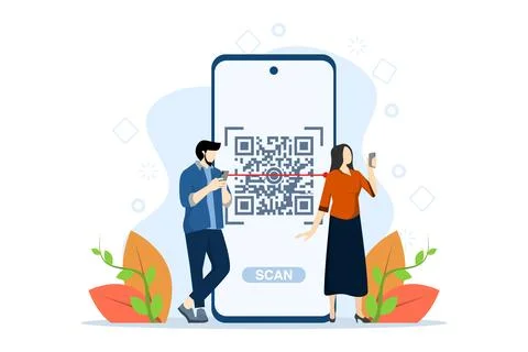 QR Code Scanning concept, character doing barcode scanning using mobile phone. Stock-Illustration