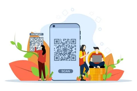 QR Code scanning concept, Showing people scan code using smartphone. Stock-Illustration