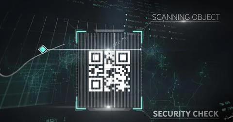 QR code scanning with graphs and statistics rolling over a web of connections on Stock-Illustration