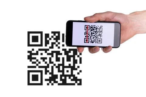 Qr code scanning. Hand holding mobile smartphone screen for payment, online p Stock Photos