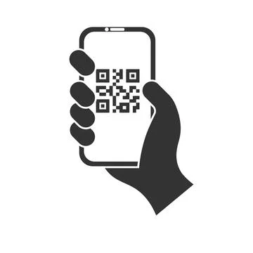QR code scanning icon in smartphone. hand holding Mobile phone in line style, Illustrazione stock