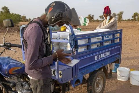  QR code scanning by a Kossam cooperative collector to identify a herder d... Stock-Fotos