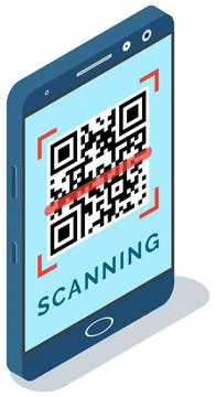 Qr code scanning via mobile phone application scanner device isometric vector Illustrazione stock