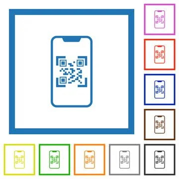 QR code scanning on modern smartphone flat framed icons Stock Illustration