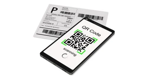 QR Code scanning from a shipping stickers with modern touchscreen smartphone Illustrazione stock