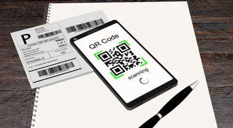 QR Code scanning from a shipping stickers with modern touchscreen smartphone Stock-Illustration