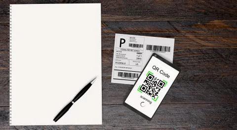 QR Code scanning from a shipping stickers with modern touchscreen smartphone Illustrazione stock