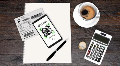 QR Code scanning from a shipping stickers with modern touchscreen smartphone Illustrazione stock