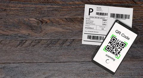QR Code scanning from a shipping stickers with modern touchscreen smartphone Illustrazione stock
