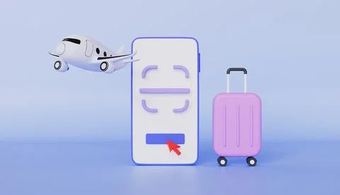 QR code scanning on smartphone with airplane and suitcase, Tourism and travel Stock Illustration