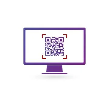 Qr code on the screen of computer monitor, vector illustration isolated on white 스톡 일러스트