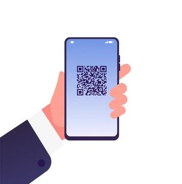 QR code on screen. Hand hold smartphone with personal id barcode. Flat mobile Stock Illustration
