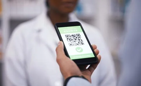 QR code, screen or hand of doctor with phone to scan test results on contactless Stock Photos