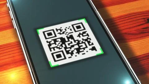 QR code on screen of smartphone. Scanning Quick Response code. Barcode. 3d re Stock Illustration