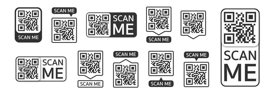 QR code set. Template of frames with text - scan me and QR code for smartphone Stock Illustration