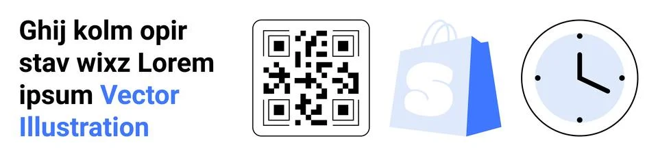QR Code Shopping Bag and Clock Icon with Placeholder Text Vector Design Stock Illustration