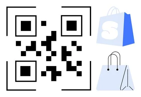 QR Code with Shopping Bags for Digital Transactions or Online Shopping Servic 库存插图