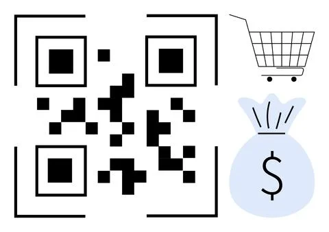 QR Code with Shopping Cart and Money Bag Symbolizing Digital Transactions Stock Illustration