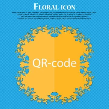 Qr code sign icon. Scan code symbol. Floral flat design on a blue abstract ba 스톡 일러스트