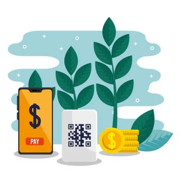 Qr code smartphone coins and leaves vector design Illustrazione stock