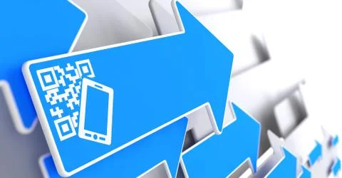 QR Code with Smartphone Icon on Blue Arrow. Illustrazione stock