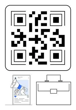 QR code, smartphone with a loudspeaker marketing post, and briefcase symboliz Stock Illustration