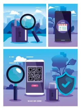 Qr code smartphone padlock lupe and shield vector design Illustrazione stock