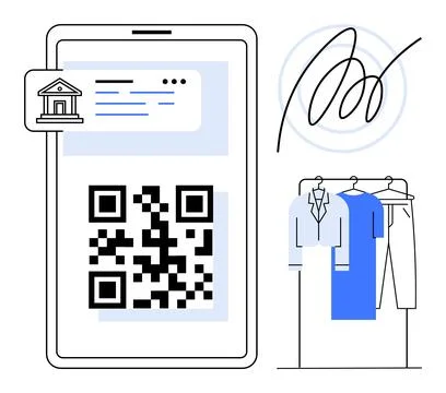 QR code on a smartphone screen with banking interface, accompanied by clothes Stock Illustration