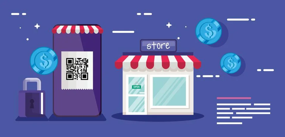 Qr code smartphone store padlock and coins vector design 스톡 일러스트