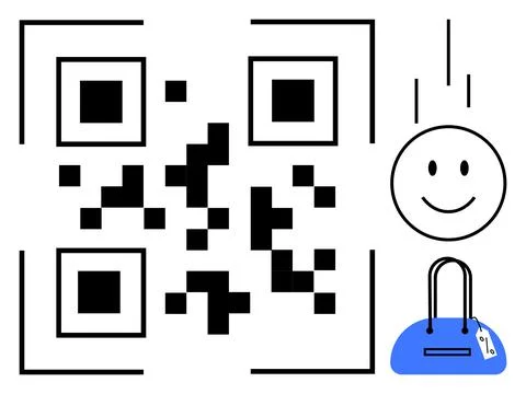 QR code, smiling face, and blue handbag. Ideal for retail shopping, e-commerc Stock Illustration